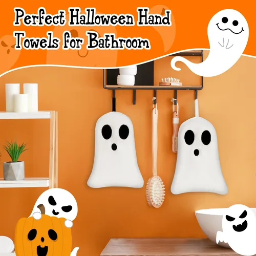 Vista 4 de Quera Paquete de 2 toallas de mano con diseño de fantasmas de Halloween, bordadas, decoración de lujo, para baño, juego de toallas decorativas