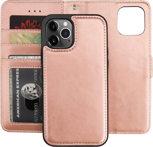 Vista 18 de Bocasal Funda tipo cartera compatible con iPhone 12 e iPhone 12 Pro con soporte para tarjetas de cuero PU magnética desmontable con soporte plegable