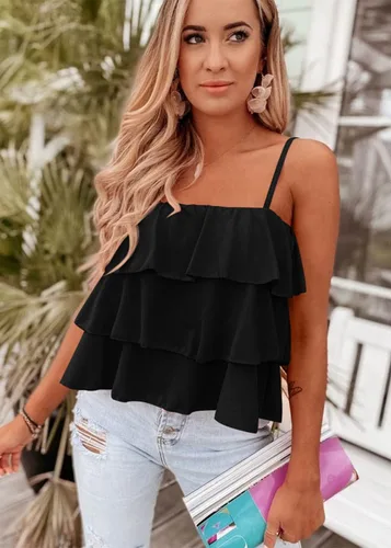 Vista 2 de KIRUNDO Blusa tipo babydoll con volantes y tirantes delgados para mujer, para verano, en capas, para playa, moda, vacaciones, crucero
