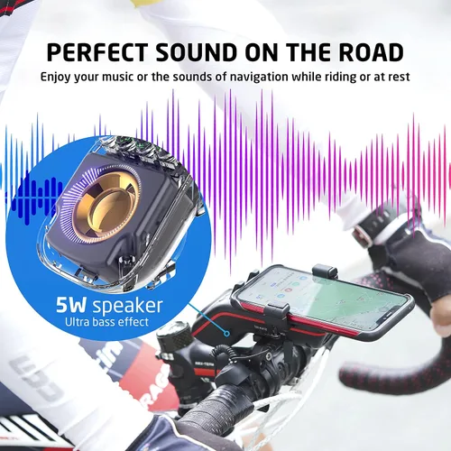 Vista 5 de UPPEL Altavoz Bluetooth para bicicleta, soporte multifuncional para teléfono de bicicleta 10 en 1, luz LED, bocina de bicicleta, micrófono, ideal
