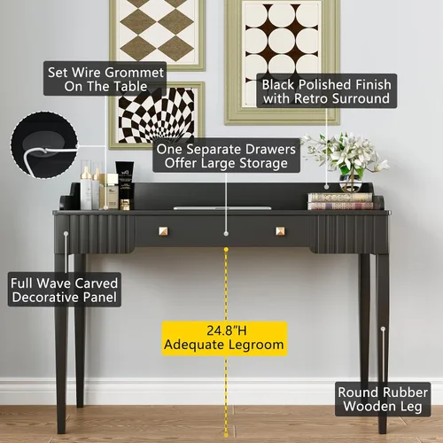 Vista 4 de Escritorio de maquillaje de madera negra que ahorra espacio, mesa moderna para computadora con cajones y asas doradas