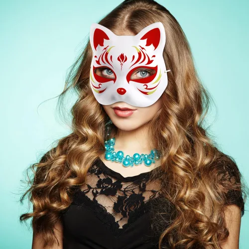 Vista 4 de STOBOK 10 máscaras faciales de gato de animales sin pintar en blanco, pintadas a mano, máscara facial blanca para Mardi Gras, fiesta de máscaras