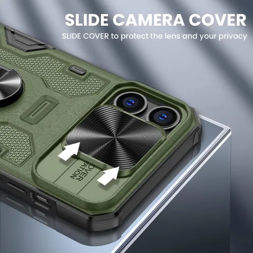 Vista 3 de VEGO Funda con soporte para iPhone 13 Pro Max / 12 Pro Max de 6.7 pulgadas con cubierta deslizante para lente, soporte de anillo giratorio de 360