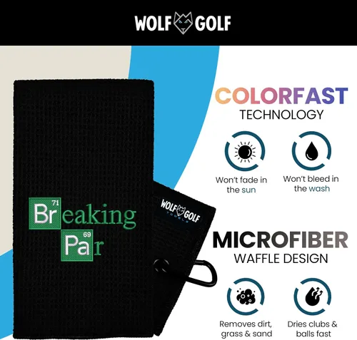 Vista 4 de Toalla de golf Wolf Golf Towels Breaking Par Bordada en EE. UU. Accesorios de golf para hombres o mujeres