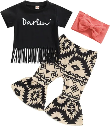 Vista 50 de fhutpw Conjunto de camiseta de manga corta con estampado de vaca y pantalones acampanados de dibujos animados para niñas