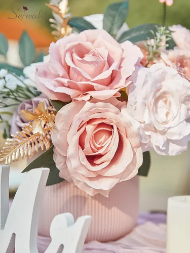 Vista 7 de Serwalin - Flores artificiales color rosa polvoriento, decoración del hogar para boda