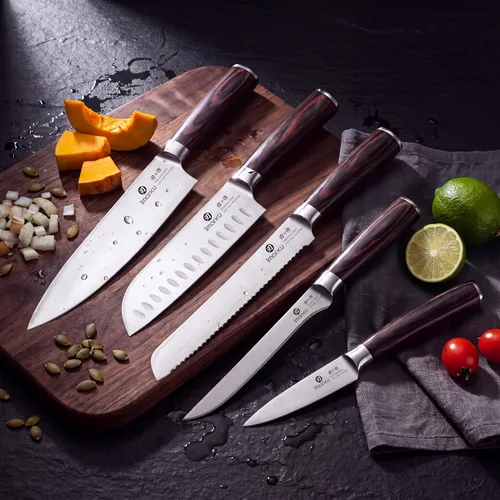 Vista 8 de imarku Juego de cuchillos de cocina de 5 piezas, juego de cuchillos Negro marrón