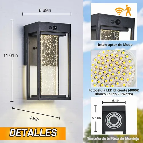 Vista 6 de Luz de Pared Solar para Exterior con Sensor de Movimiento de 3 Modos, Sconce Exterior de Cristal con Luz LED de 4000K 250LM para Puerta Frontal