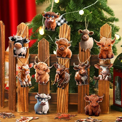 Vista 7 de Wenqik 36 piezas de decoración de madera de vaca de las tierras altas del oeste, juego de adornos de Navidad con bonitos recortes de ganado