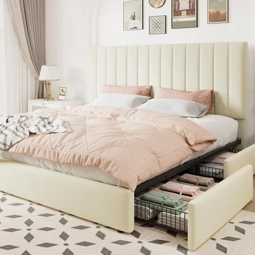 Vista 16 de Allewie Base de cama de almacenamiento de tamaño matrimonial, cabecera ajustable capitoné de canal vertical, plataforma tapizada de terciopelo con 4