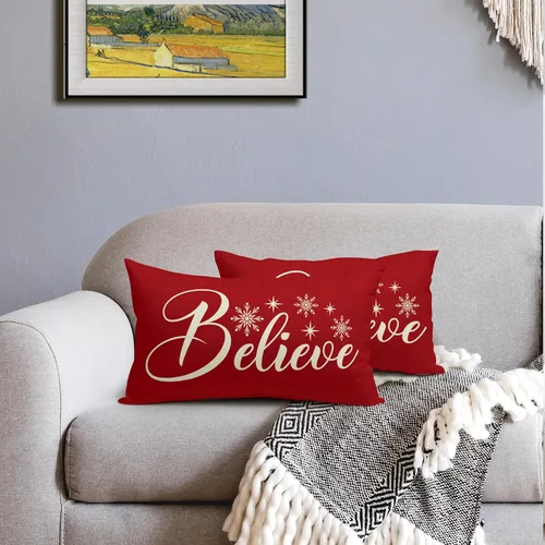 Vista 5 de Believe - Juego de 2 fundas de almohada lumbares de Navidad rojas rectangulares con copos de nieve para sofá, fundas de almohada de vacaciones