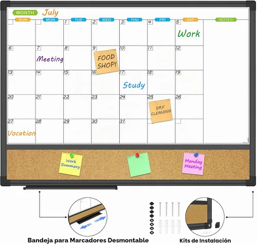 Vista 2 de JILoffice Calendario magnético con combinación de pizarra blanca y tablero de corchos de anuncios, tablero combinado de 24 x 18 pulgadas, marco