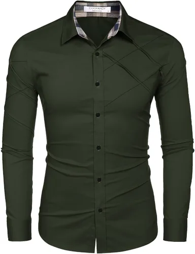 Vista 4 de COOFANDY Camisas de vestir de algodón para hombre, manga larga, cuello a cuadros, ajuste delgado, casual, con botones