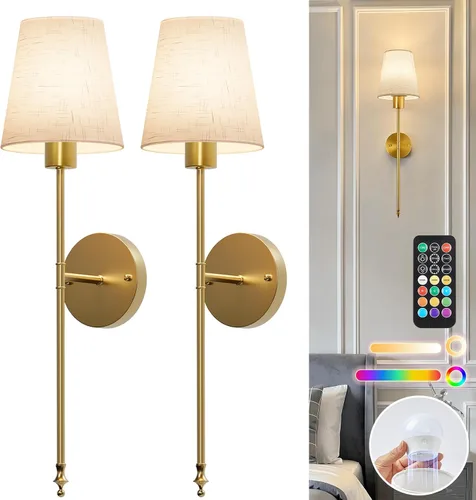 Vista 11 de Brightown RGBWW - Juego de 2 apliques de pared con pilas, luces de pared inalámbricas recargables con bombillas magnéticas regulables y control