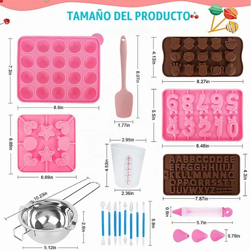 Vista 2 de Kit de 618 piezas para hacer pasteles con 5 juegos de moldes de silicona, soporte de exhibición de 3 niveles, olla para derretir dulces