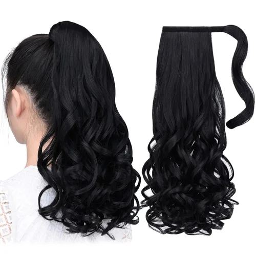 Vista 13 de Extensiones de cola de caballo, extensión de cola de caballo negra de 16 pulgadas, corta, ondulada, rizada, envolvente, resistente al calor