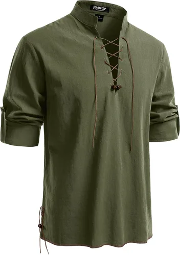 Vista 28 de JEMITOP Men's Pure Cotton Renaissance Lace Up Shirt Verde militar