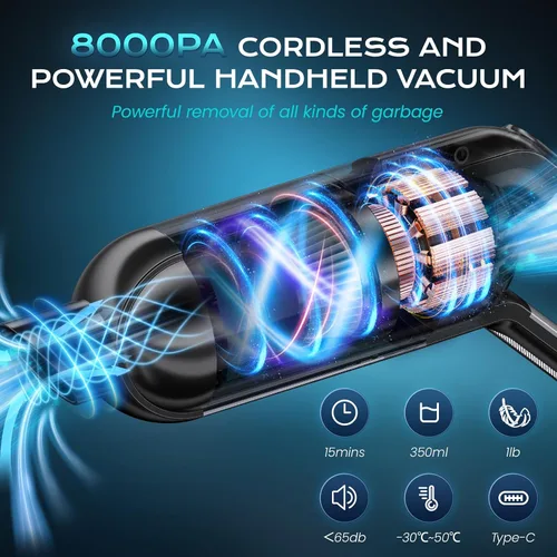 Vista 2 de Aspiradora de mano inalámbrica, aspiradora portátil para automóvil con luz LED, aspiradora pequeña recargable con potente succión, aspiradora ligera