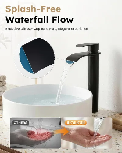 Vista 3 de Canilla para lavabo de recipiente color negro para baño: WOWOW - Canilla de baño alta de una sola manija - Canilla mezcladora de caída en cascada