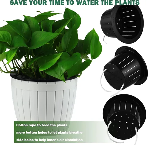 Vista 2 de Planterhoma Paquete de 3 macetas de riego automático para plantas de interior, macetas de plástico de 7.1 pulgadas, color blanco
