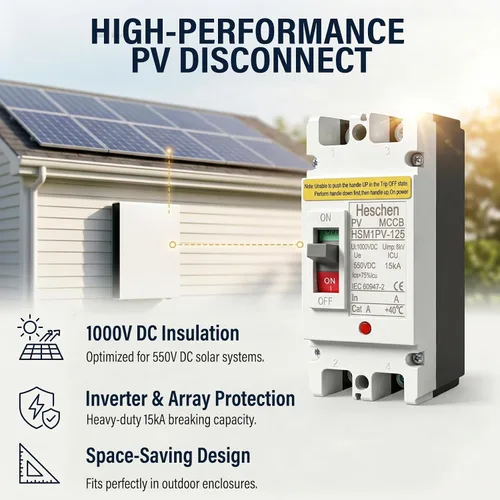 Vista 2 de Interruptor de desconexión de batería Heschen 63A 550V DC Disyuntor solar