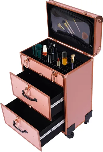 Vista 6 de Estuche de maquillaje profesional con ruedas, con cajones, carrito grande para cosméticos con cerraduras, organizador de almacenamiento