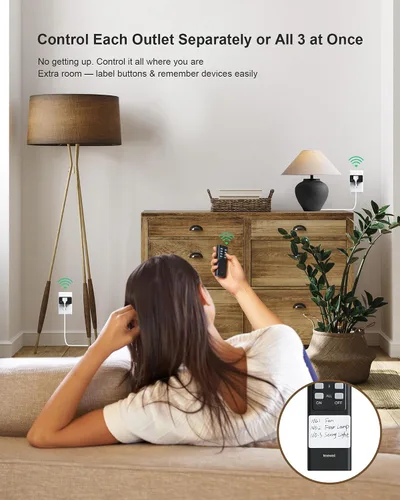 Vista 3 de Remote Control Outlet with All On/Off Switch, 200FT Range, Black 200FT Wireless Range, Mini Plug, 15A/1875W, Remote Switch for