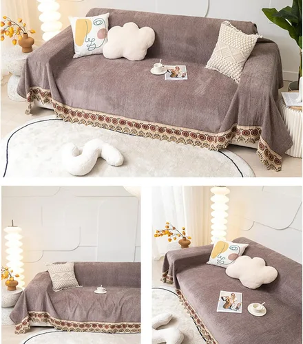 Vista 3 de Manta de punto con borlas, fundas de sofá para sofá de 1, 2, 3 cojines, sillón biplaza reclinable, protector de muebles multiusos para perros y Beige