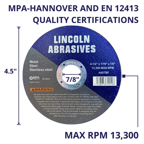 Vista 3 de 25 piezas de ruedas de corte Lincoln Abrasives Metal y acero inoxidable de 4.5" x 1/16" x 7/8