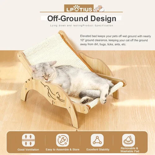 Vista 5 de Silla para gatos con rascador de sisal, silla hamaca elevada para 3 ángulos ajustables, rascador y tumbona de sisal natural, capacidad de 33 libras
