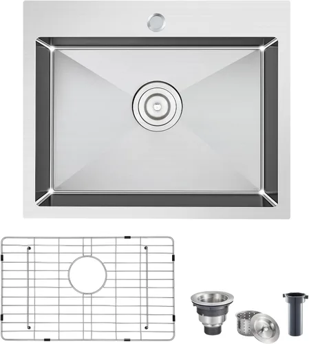 Vista 10 de POPFLY Fregadero de cocina de 18 pulgadas, acero inoxidable 304, montaje superior, hecho a mano, cuenco individual con 2 agujeros, fregadero