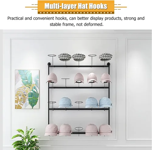 Vista 4 de LZMZMQ Estante de metal para sombreros de pared, torre de exhibición de 4 niveles para peluca/gorra, con ganchos móviles para sombreros, 39.3 Blanco