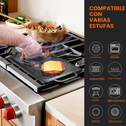 Vista 6 de GGC Parrilla reversible de hierro fundido, sartén de doble cara perfecta para parrillas de gas y estufas, 13 x 8.25 pulgadas rectangular