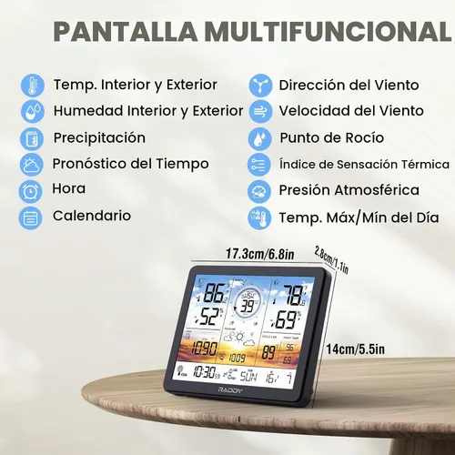 Vista 4 de Estación meteorológica inalámbrica Raddy AG7, reloj atómico con pantalla a color Termómetro higrómetro interior exterior, pronóstico del tiempo