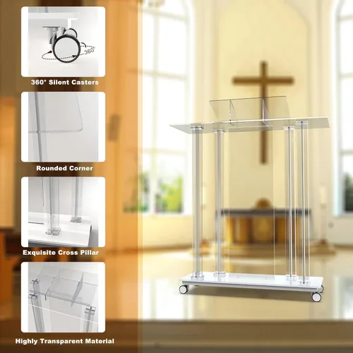 Vista 3 de Púlpito acrílico para iglesia, podio LED transparente de 49 pulgadas con ruedas, plataforma de lectura vertical, control remoto y aplicación