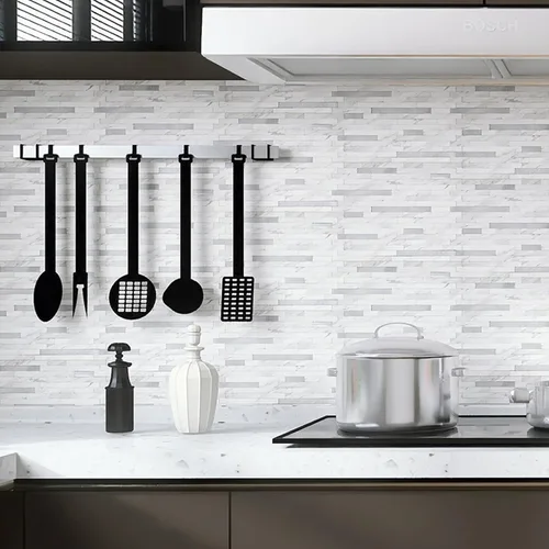 Vista 4 de Azulejos con acabado metálico para cocina, autoadhesivos, mármol plateado y blanco, estilo metro Azulejos para decorar cocina, lavandería