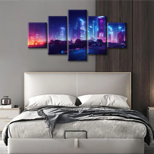 Vista 383 de Cuadros de 5 paneles de Cyberpunk City, arte de pared, representación de vallas publicitarias, edificios modernos en la capital con obras de arte