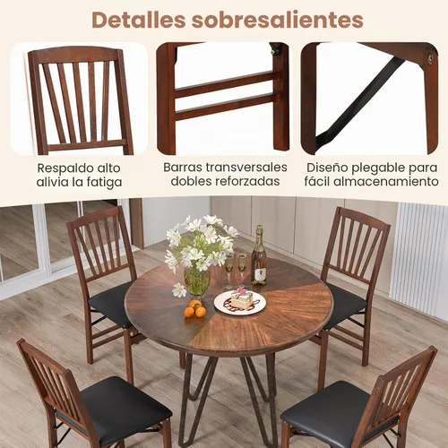 Vista 7 de COSTWAY Juego de 2 sillas de comedor plegables de madera maciza con asiento Marrón y listón