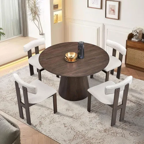 Vista 7 de 47.24'' Round Modern Style Wood Dining Table for Kitchen, Living Room, Cafe, Stylish Leisure Desk with Sturdy Cylindrical Base, for Small Spaces