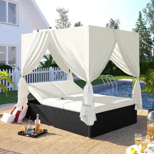 Vista 10 de Sofá cama redondo de ratán al aire libre con toldo retráctil y mesa de centro elevadora, muebles de patio, juego de sofá para piscina Garde