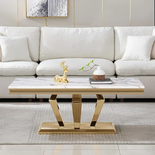 Vista 3 de SSLine Mesa auxiliar rectangular de mármol sintético para sala de estar, moderna mesa central de mármol blanco de lujo con base de diamante dorado