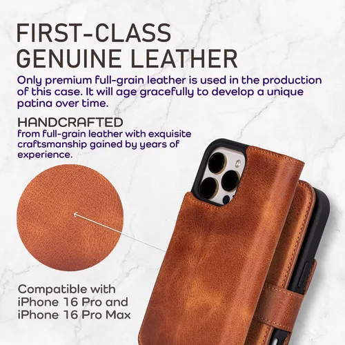 Vista 51 de Bayelon Funda tipo cartera para iPhone 15 Pro, cartera de cuero de grano completo, funda magnética desmontable, tarjetero, funda tipo cartera