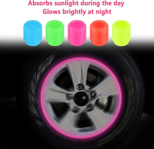 Vista 3 de 20 tapones fluorescentes para válvulas de neumáticos, tapones luminosos para válvula de aire de rueda de automóvil, accesorios de decoración