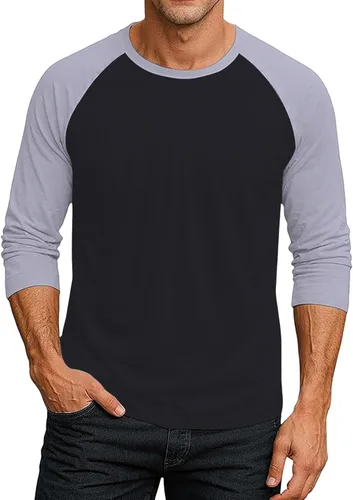 Vista 12 de Camiseta de béisbol raglán para hombre, manga larga, cuello redondo, tela ligera que absorbe la humedad para uso casual
