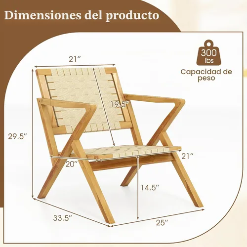 Vista 3 de Tangkula Silla de comedor de madera de teca para exteriores, sillón rústico de madera para patio con asiento y respaldo de cincha, para sala