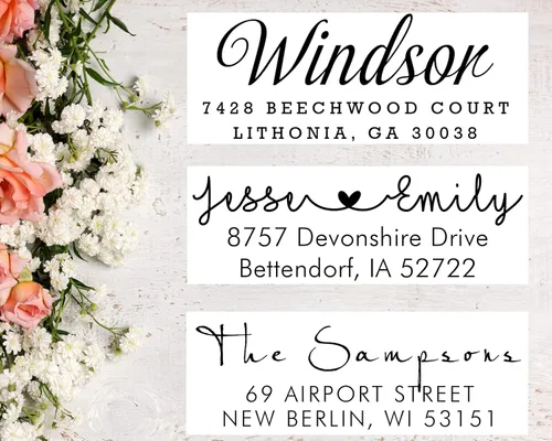 Vista 2 de Sello de dirección personalizado personalizado – Sello de invitación de boda con 3 líneas de correo de devolución autoentintado