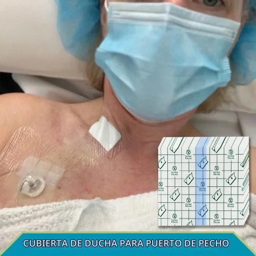 Vista 2 de 50 piezas de cubierta de ducha con puerto de pecho, impermeable, protector adhesivo de 4 x 4 pulgadas para catéter de diálisis, quimioterapia
