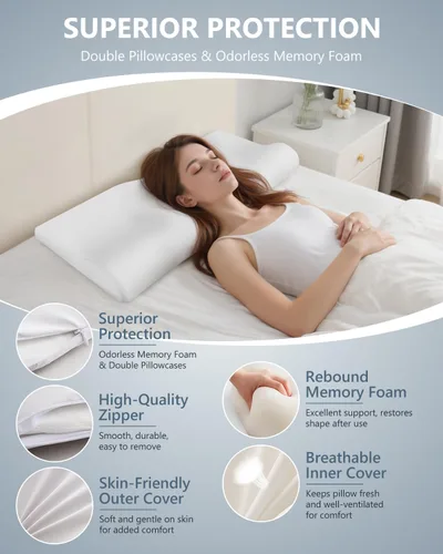 Vista 5 de SMDR Ultra Slim Ergonomic Memory Foam Cervical Pillow – Low Profile Orthopedic Neck Support Pillow for Stomach, Side & Back Sleepers, 2"–0.8" Thin