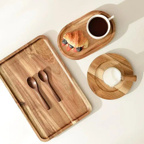 Vista 9 de YOUEON Juego de 2 bandejas de madera de acacia con borde elevado, bandeja rectangular de 14.2 x 9.5 pulgadas, plato de queso para aperitivo