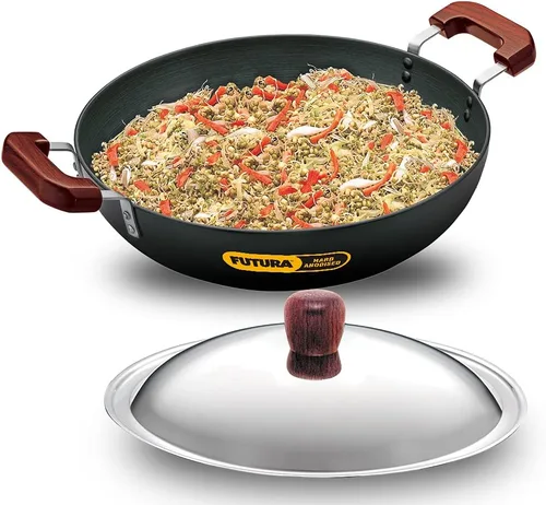 Vista 10 de Futura freidora con anodizado duro (Kadhai) con tapa de acero y parte inferior plana, Negro